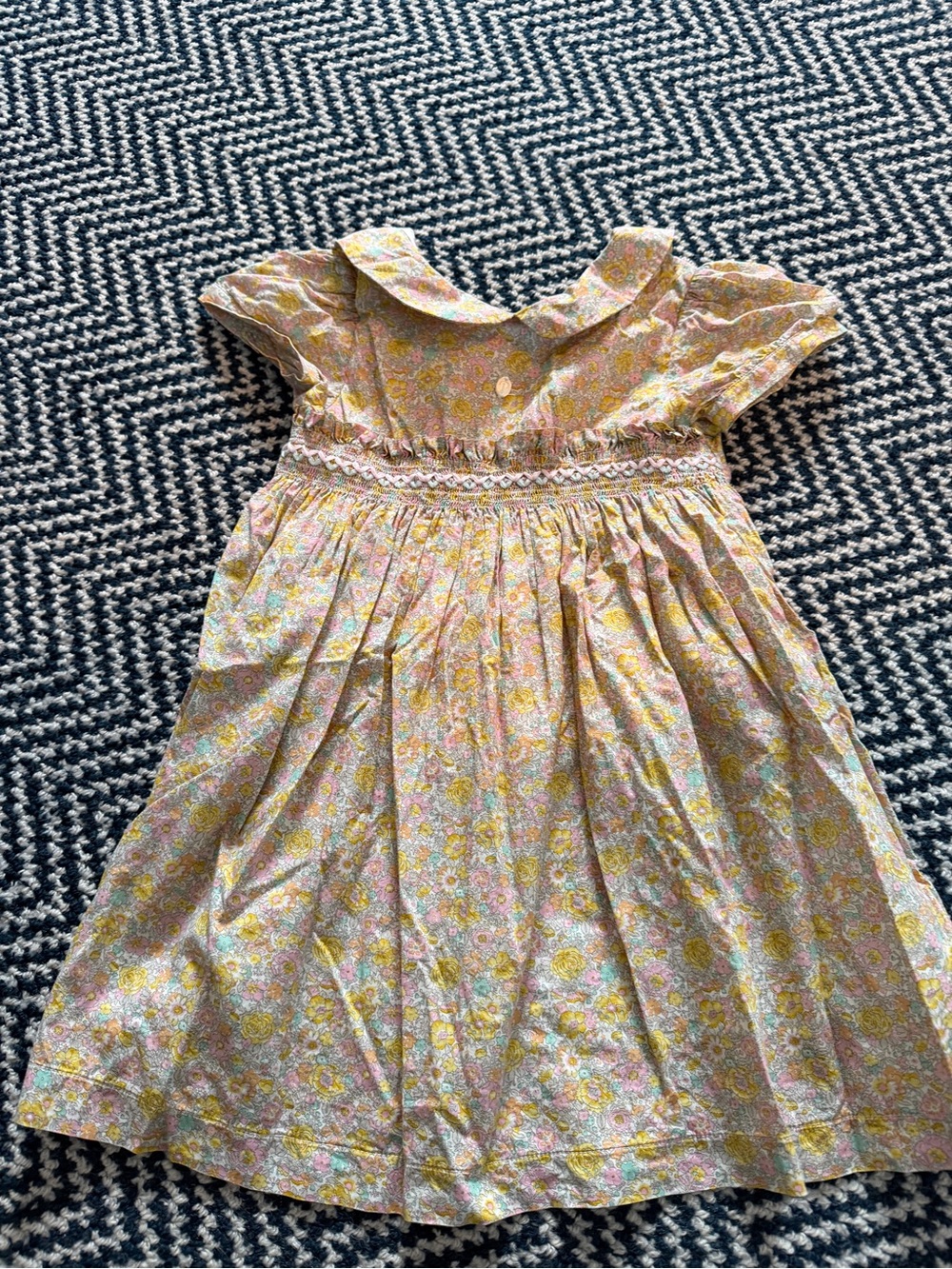 Yellow Floral Peter Pan Collar Girls' Dress with Smocking